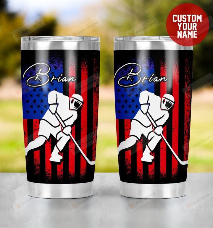 Personalized Ice Hockey Player Shadow On American Flag Background Stainless Steel Tumbler, Tumbler Cups For Coffee/Tea, Great Customized Gifts For Birthday Christmas Thanksgiving