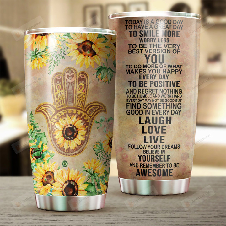 Yoga Hamsa Tumbler Today Is A Good Day Stainless Steel Vacuum Insulated Double Wall Travel Tumbler With Lid, Tumbler Cups For Coffee/Tea, Perfect Gifts For Birthday Christmas Thanksgiving