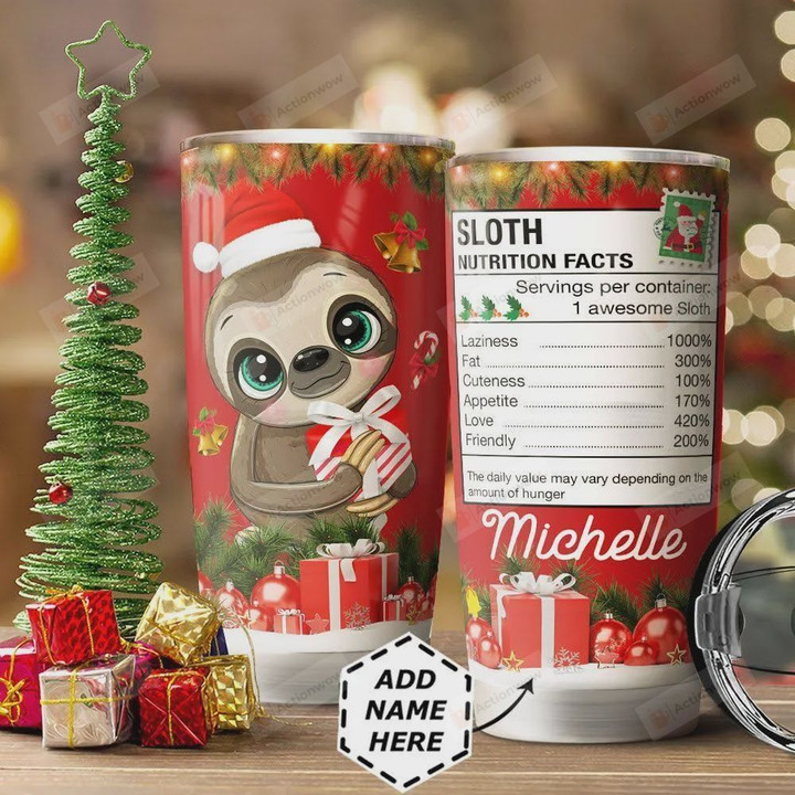 Christmas Sloth Personalized, Stainless Steel Tumbler, 20 Oz, Insulated Tumbler Cup, Lovely Gifts, Sloth Nutrition Facts, Santa Claus, Great Customized Gifts For Birthday Christmas