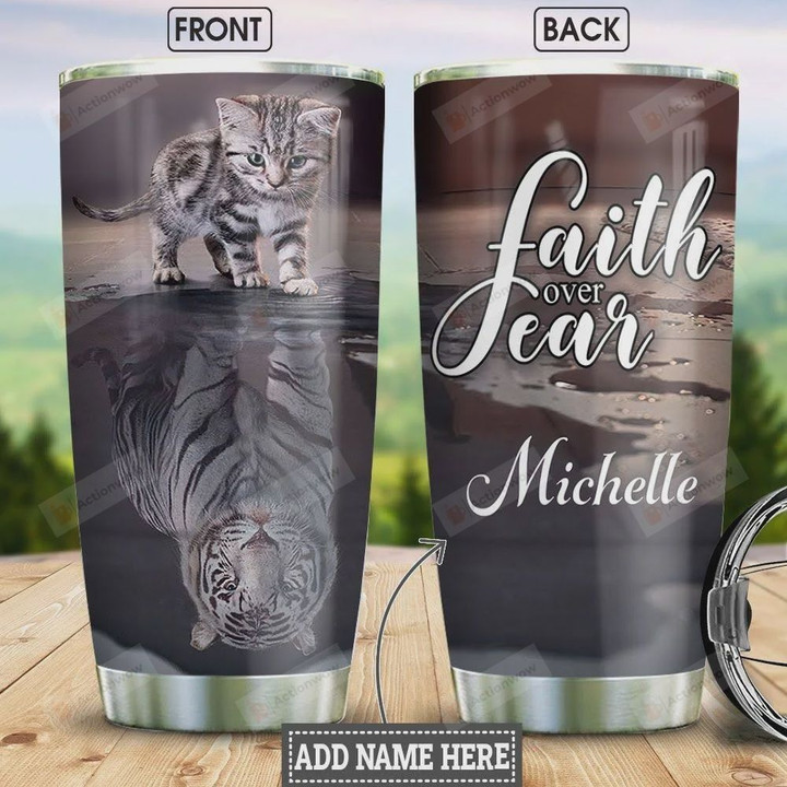 Cat Tiger Personalized Faith Over Fear Stainless Steel Vacuum Insulated 20 Oz Tumbler Cups For Coffee/Tea Gifts For Birthday Christmas Thanksgiving Perfect Gifts For Animal Lovers