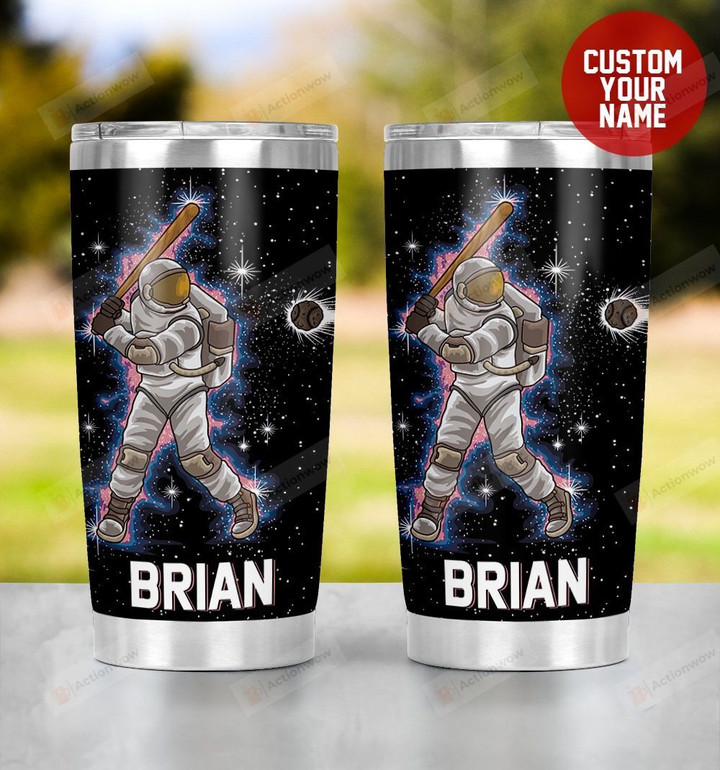 Personalized Baseball Astronaut Playing Baseball With Meteoroid Funny Stainless Steel Tumbler, Tumbler Cups For Coffee/Tea, Great Customized Gifts For Birthday Christmas Thanksgiving