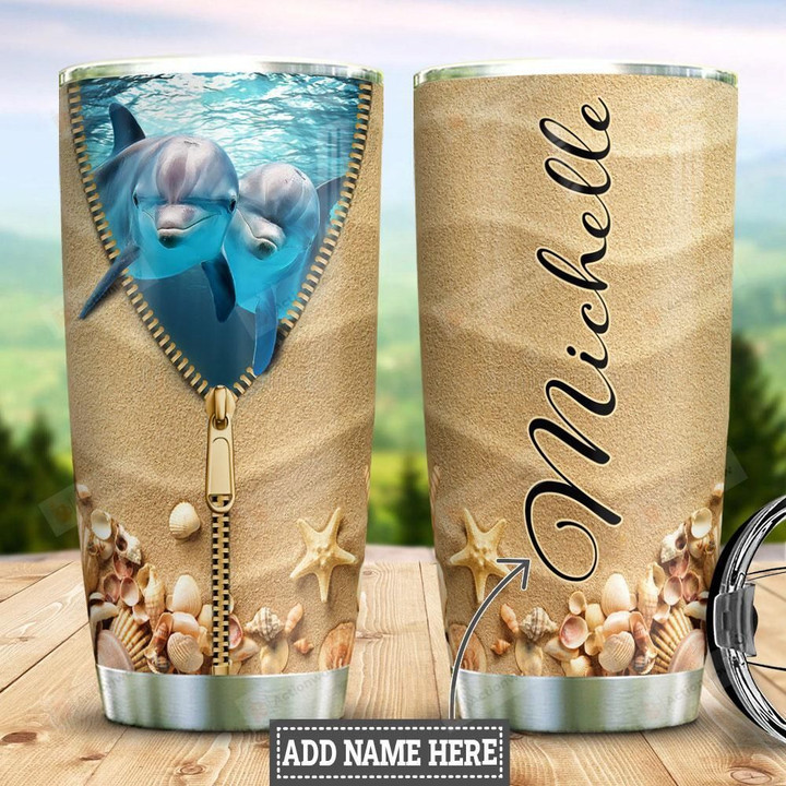 Personalized Dolphin Coming From Zip Fastener Sand Stainless Steel Tumbler, Tumbler Cups For Coffee/Tea, Great Customized Gifts For Birthday Christmas Thanksgiving
