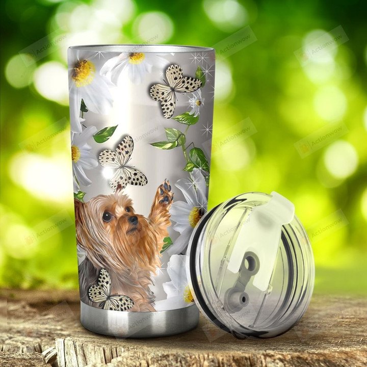 Yorkie Dog Daisy And Butterfly Stainless Steel Tumbler, Tumbler Cups For Coffee/Tea, Great Customized Gifts For Birthday Christmas Thanksgiving, Anniversary