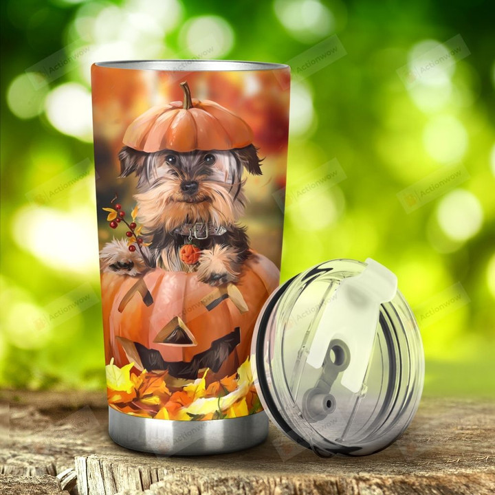 Yorkshire Dog With Pumpkin Halloween Stainless Steel Tumbler, Tumbler Cups For Coffee/Tea, Great Customized Gifts For Birthday Halloween Anniversary
