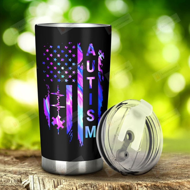Autism And American Flag Glitter Tumbler Stainless Steel Tumbler, Tumbler Cups For Coffee/Tea, Great Customized Gifts For Birthday Christmas Thanksgiving, Anniversary