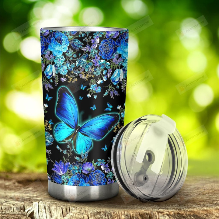 Blue Butterfly And Flower Stainless Steel Tumbler, Tumbler Cups For Coffee/Tea, Great Customized Gifts For Birthday Christmas Thanksgiving