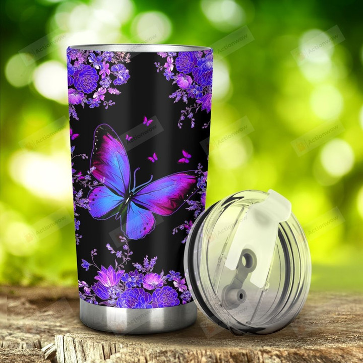 Purple Butterfly And Flower Stainless Steel Tumbler, Tumbler Cups For Coffee/Tea, Great Customized Gifts For Birthday Christmas Thanksgiving