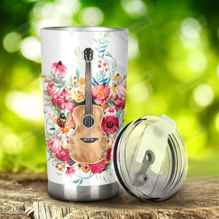 Guitar With Flowers Life Without Music Would B' Stainless Steel Tumbler, Tumbler Cups For Coffee/Tea, Great Customized Gifts For Birthday Christmas Thanksgiving