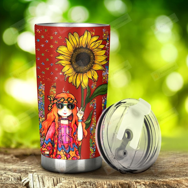 Sunflower Hippie Girl Red Tumbler Stainless Steel Tumbler, Tumbler Cups For Coffee/Tea, Great Customized Gifts For Birthday Christmas Thanksgiving