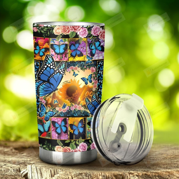Blue Butterfly And Roses Stainless Steel Tumbler, Tumbler Cups For Coffee/Tea, Great Customized Gifts For Birthday Christmas Thanksgiving