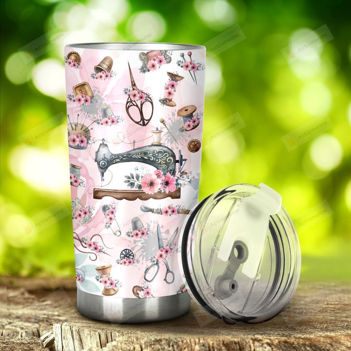 Sewing Tools With Floral Stainless Steel Tumbler, Tumbler Cups For Coffee/Tea, Great Customized Gifts For Birthday Christmas Thanksgiving, Anniversary