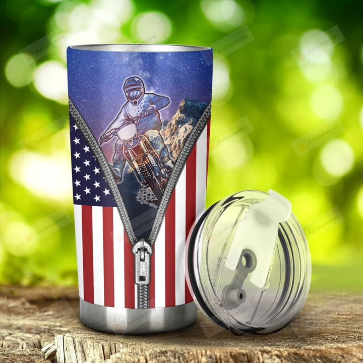 Motocross USA Flag Zipper Tumbler Stainless Steel Tumbler, Tumbler Cups For Coffee/Tea, Great Customized Gifts For Birthday Christmas Anniversary