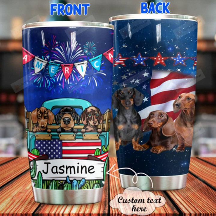Personalized Dachshund Tumbler Fireworks And American Flag Tumbler Best Gifts For Dog Lovers, Pet Lovers On Independence Day 20 Oz Sports Bottle Stainless Steel Vacuum Insulated Tumbler
