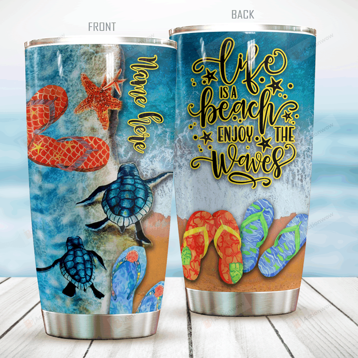 Personalized Beach Turtle Tumbler Life Is A Beach Enjoy The Waves Tumbler Custom Name Gifts For Beach Lovers Beach Girls Summer 20 Oz Sport Bottle Stainless Steel Vacuum Insulated Tumbler