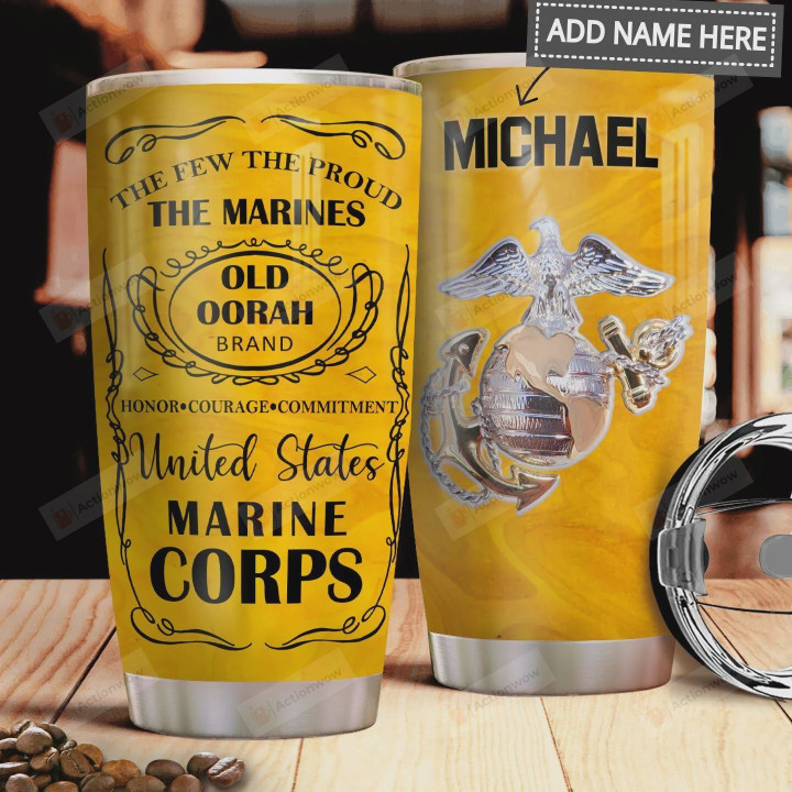 Marine Corps Tumbler Cup Personalized, US Marine Corps, Yellow Stainless Steel Vacuum Insulated Tumbler 20 Oz, Coffee/ Tea Tumbler, Perfect Gifts For Marine Military On Birthday Christmas