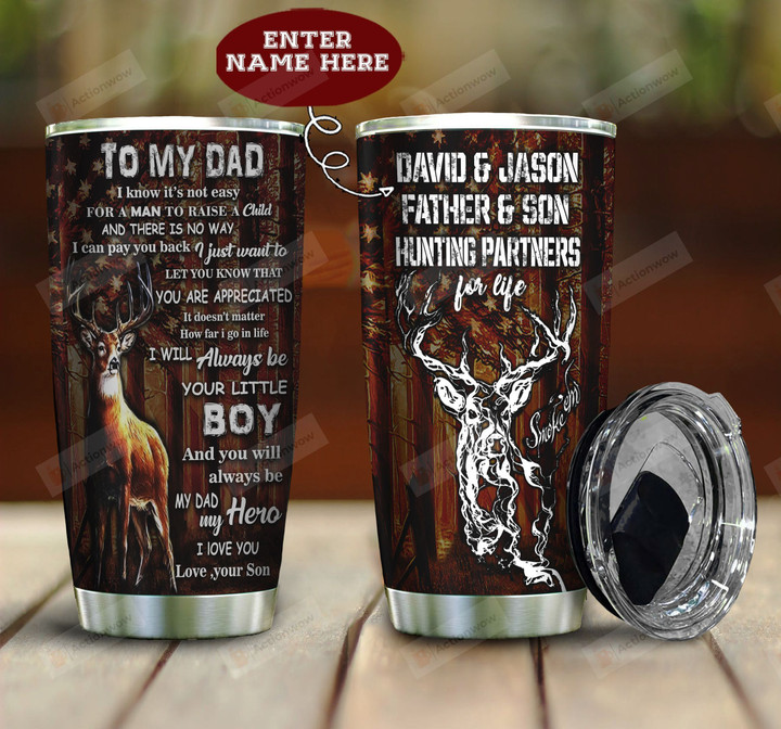 Personalized Deer Hunting To My Dad Tumbler, Father And Son Hunting Partners For Life  20 Oz Sports Bottle Stainless Steel Vacuum Insulated Tumbler For Father's Day Birthday Christmas Thanksgiving