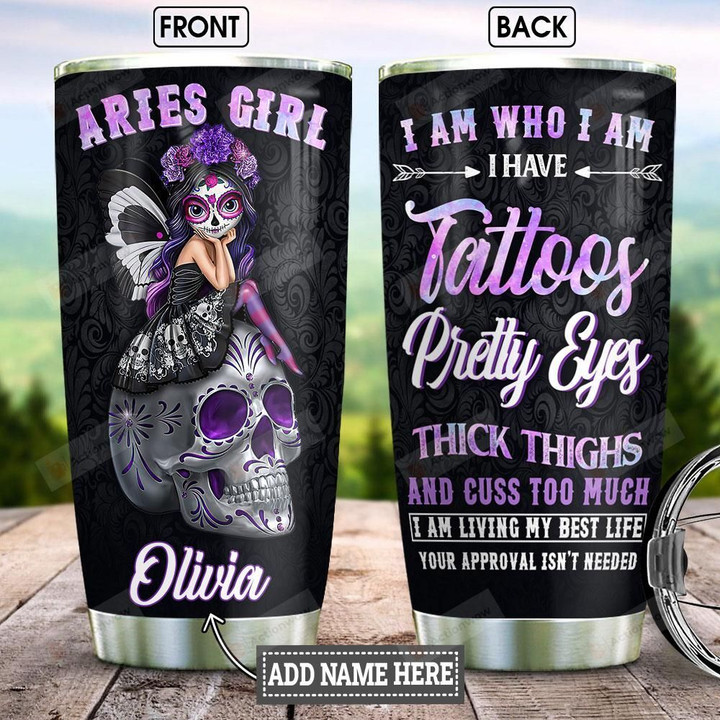 Personalized I Am Who I Am Aries Girl Sitting On Skull Stainless Steel Tumbler, Tumbler Cups For Coffee/Tea, Great Customized Gifts For Birthday Christmas Thanksgiving