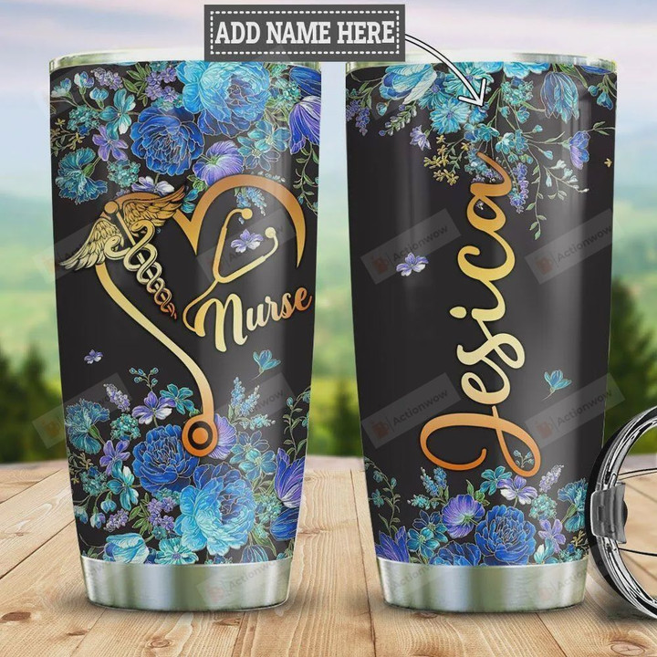 Personalized Nurse Tumbler Cup, Full Of Blue Flowers, Stethoscope,  Stainless Steel Insulated Tumbler 20 Oz, Coffee/ Tea Tumbler With Lid, Perfect Gifts For Nurse On Birthday Christmas Thanksgiving