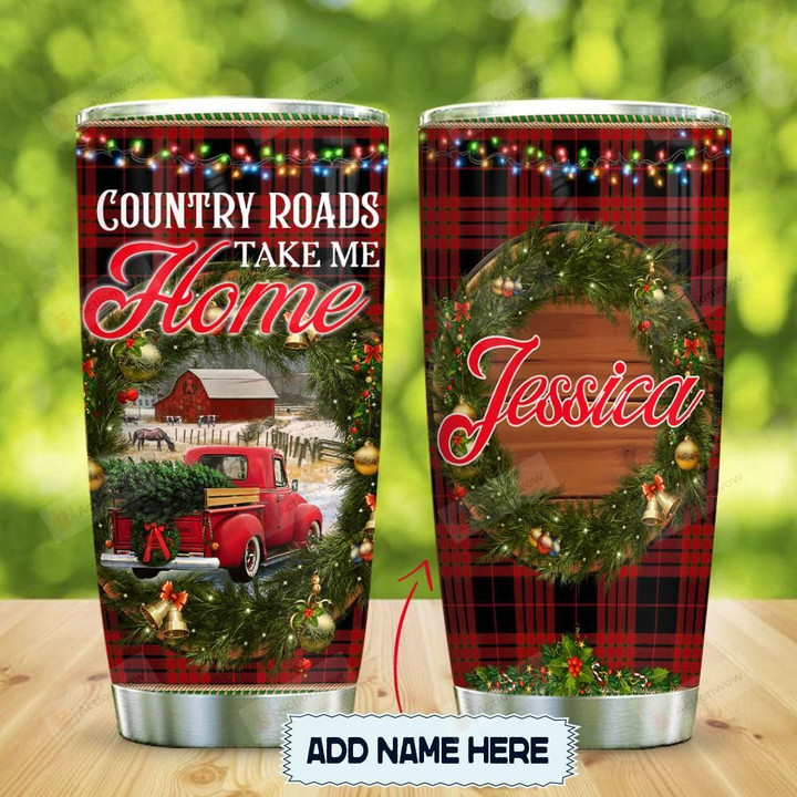 Christmas Red Truck Country Roads Personalized Tumbler Cup Stainless Steel Vacuum Insulated Tumbler 20 Oz Coffee/ Tea Tumbler With Lid Great Birthday Christmas Gifts Tumbler Travel