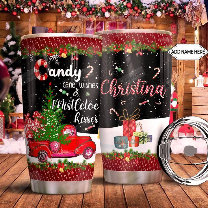 Red Truck Candy Cane Wishes Mistletoe Kisses Personalized Tumbler Cup Stainless Steel Vacuum Insulated Tumbler 20 Oz Best  Christmas Gifts Tumbler For Coffee/Tea With Lid