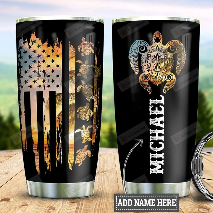 Personalized American Flag Sea Turtle Tumbler Cup Stainless Steel Insulated Tumbler 20 Oz Perfect Gifts For Birthday Christmas Thanksgiving Gifts For Turtle Lovers Tumbler For Coffee/ Tea