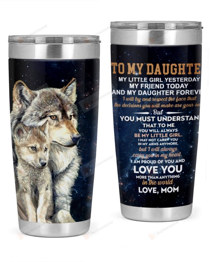 Personalized Wolf To My Daughter - Love, Mom Love You More Than Anything Stainless Steel Vacuum Insulated Double Wall Travel Tumbler With Lid, Tumbler Cups For Coffee/Tea, Perfect Gifts For Birthday