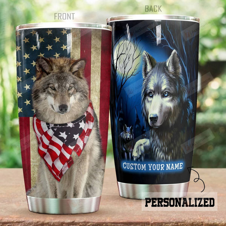 Personalized American Flag And Wolf Tumbler Best Gifts For Dog Lovers, Pet Lovers On Independence Day Birthday Christmas Thanksgiving 20 Oz Sports Bottle Stainless Steel Vacuum Insulated Tumbler