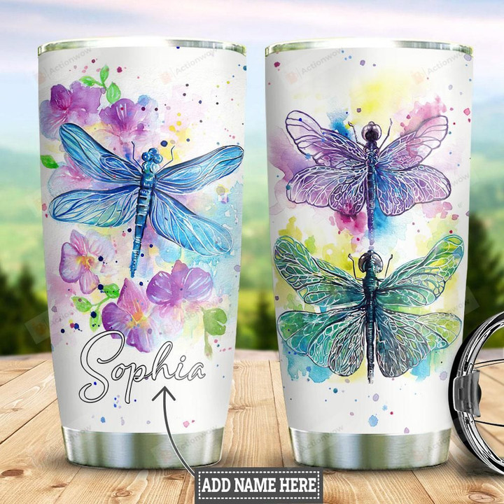 Personalized Watercolor Dragonflies And Flowers Tumbler Gifts For Birthday Christmas Thanksgiving 20 Oz Sports Bottle Stainless Steel Vacuum Insulated Tumbler