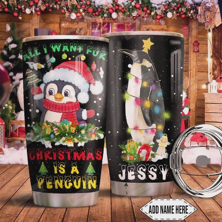 Christmas Penguin Tumbler Cup Personalized, All I Want For Christmas Is A Penguin, Stainless Steel Insulated Tumbler 20 Oz, Perfect Gifts For Christmas,Tea/ Coffee Tumbler, Bright Night Christmas