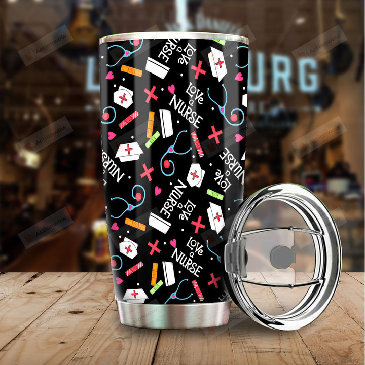 Love A Nurse Tumbler Custom Black Pattern Print Stainless Steel Vacuum Insulated Double Wall Travel Tumbler With Lid, Tumbler Cups For Coffee/Tea, Perfect Gifts For Birthday Christmas Thanksgiving
