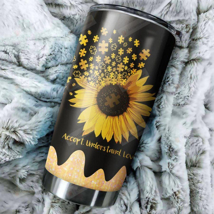 Sunflower Autism Tumbler Accept Understand Love Tumbler Stainless Steel Vacuum Insulated Double Wall Travel Tumbler With Lid, Tumbler Cups For Coffee/Tea, Perfect Gifts For Birthday Christmas