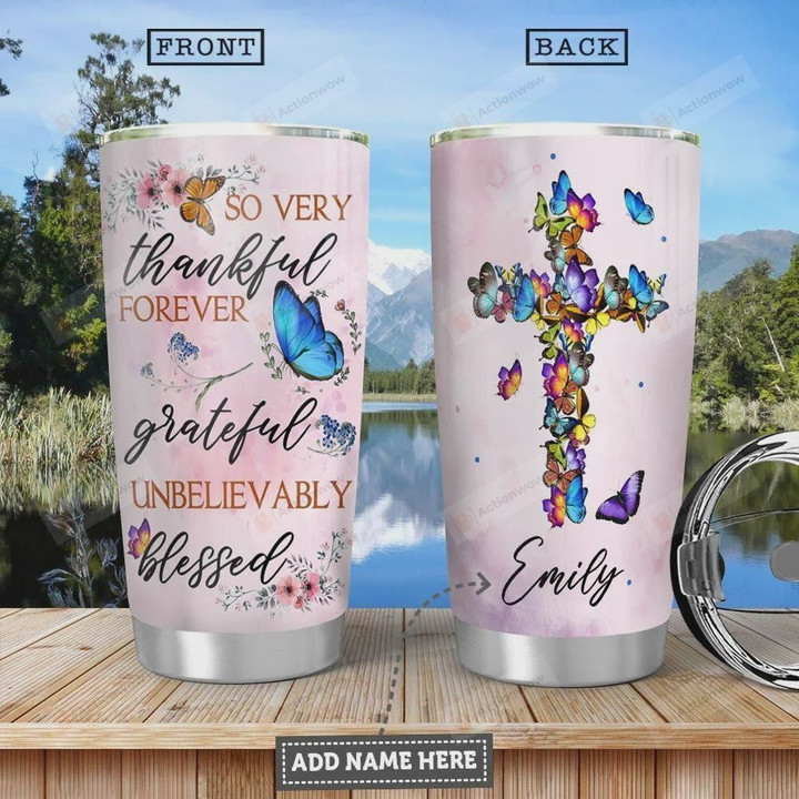 Butterfly Faith Personalized Thankful Grateful Stainless Steel Vacuum Insulated Tumbler 20 Oz, Gifts For Birthday Christmas Thanksgiving, Perfect Gifts For Butterfly Lovers, Coffee/ Tea Tumbler