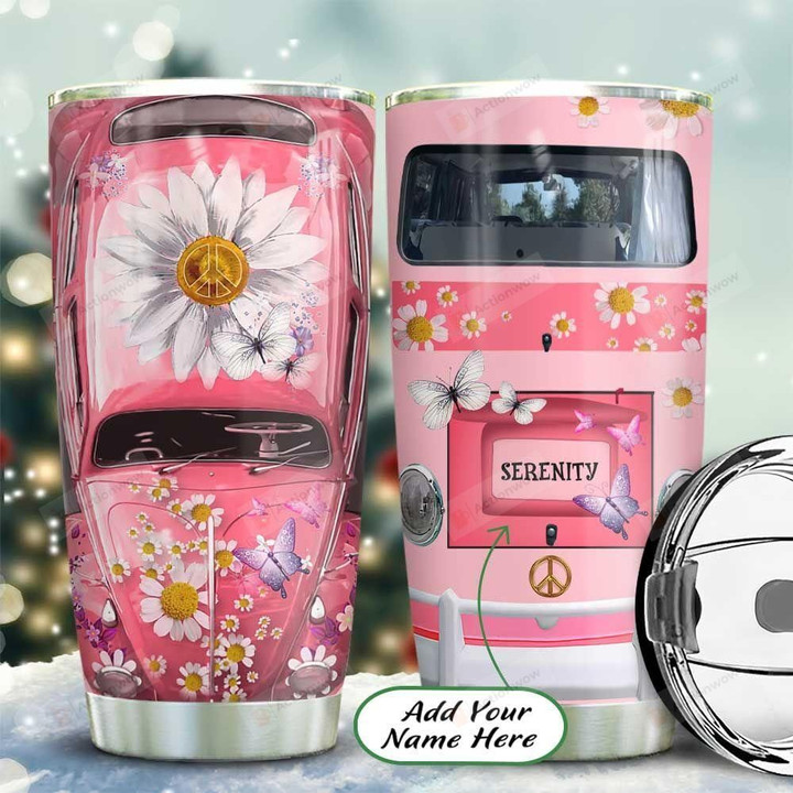 Personalized Daisy Pink Hippie Van Stainless Steel Tumbler, Tumbler Cups For Coffee/Tea, Great Customized Gifts For Birthday Christmas Thanksgiving, Anniversary