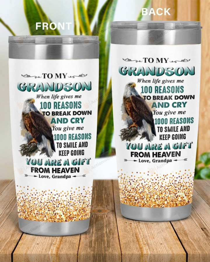 Personalized Family To My Grandson 100 Reasons To Break Down And Cry, You Are A Gift From Heaven Stainless Steel Tumbler, Tumbler Cups For Coffee/Tea
