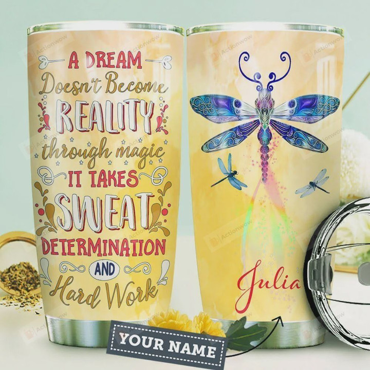 Blue Dragonfly Personalized Tumbler Cup A Dream Doesn't Become Reality Yellow Stainless Steel Insulated Tumbler 20 Oz Best Gifts For Birthday Christmas Thanksgiving Gifts For Dragonfly Lovers