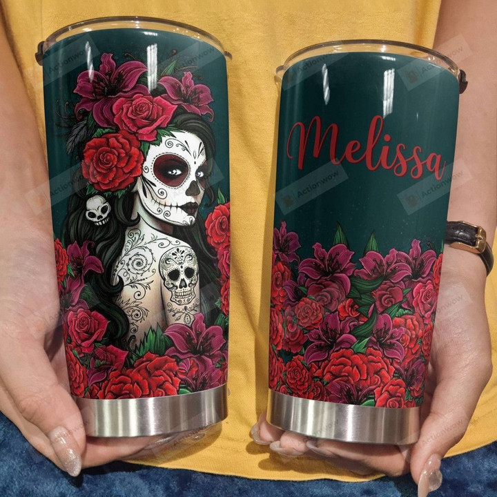 Personalized Skull Girl Flowers Custom Name Stainless Steel Tumbler, Tumbler Cups For Coffee/Tea, Great Customized Gifts For Birthday Christmas Thanksgiving