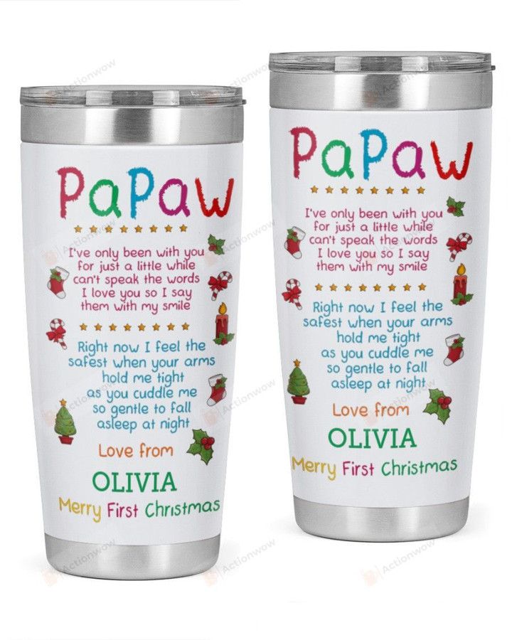 Personalized Papaw Tumbler Merry First Christmas Stainless Steel Vacuum Insulated Double Wall Travel Tumbler With Lid, Tumbler Cups For Coffee/Tea, Perfect Gifts For Dad On Birthday Christmas