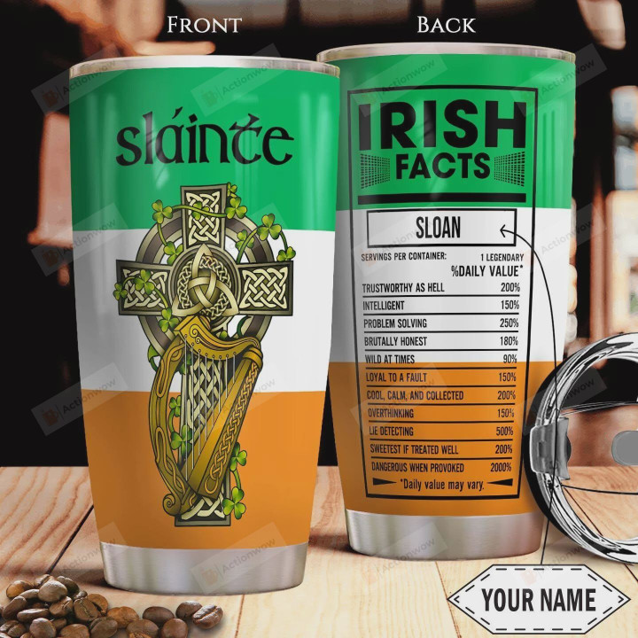 Irish Facts Personalized Tumbler Cup, Cross, Stainless Steel Vacuum Insulated Tumbler 20 Oz  Best Gifts For Birthday Christmas Thanksgiving St Patrick's Day Travel Tumbler With Lid