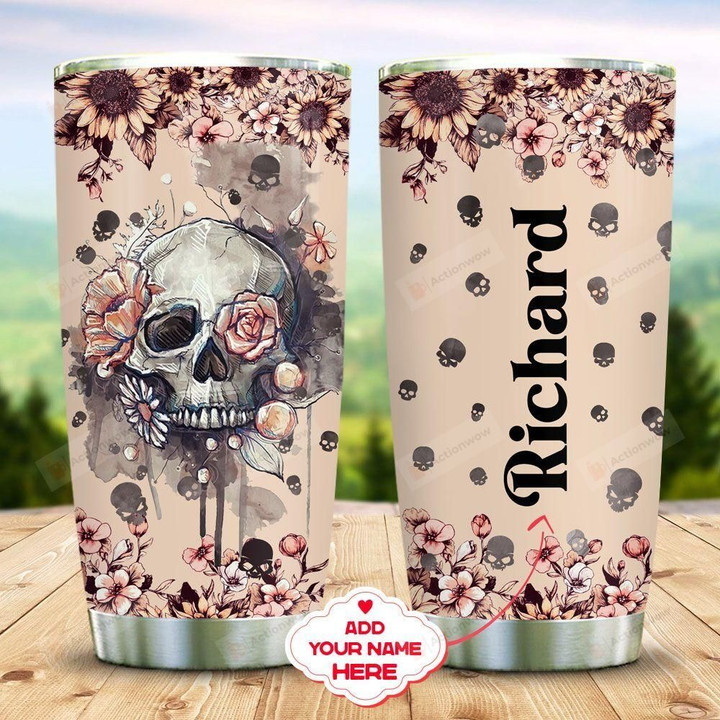 Personalized Skull And Pink Flowers Vintage Tumbler Gifts For Birthday Christmas Thanksgiving 20 Oz Sports Bottle Stainless Steel Vacuum Insulated Tumbler