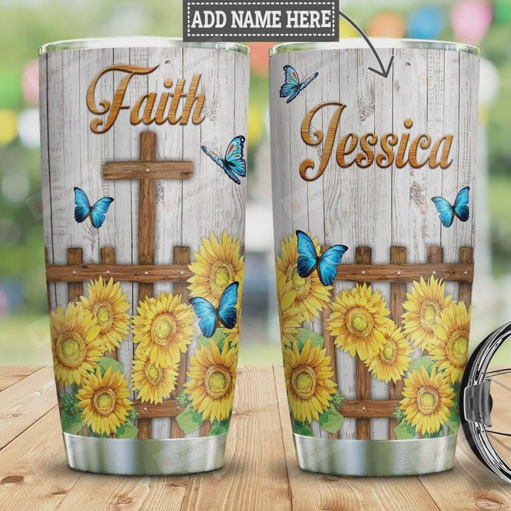 Personalized Blue Butterfly Faith Sunflower Fence Tumbler Cup Cross Stainless Steel Insulated Tumbler 20 Oz Great Gifts For Birthday Christmas Thanksgiving Best Gifts For Friends Relatives