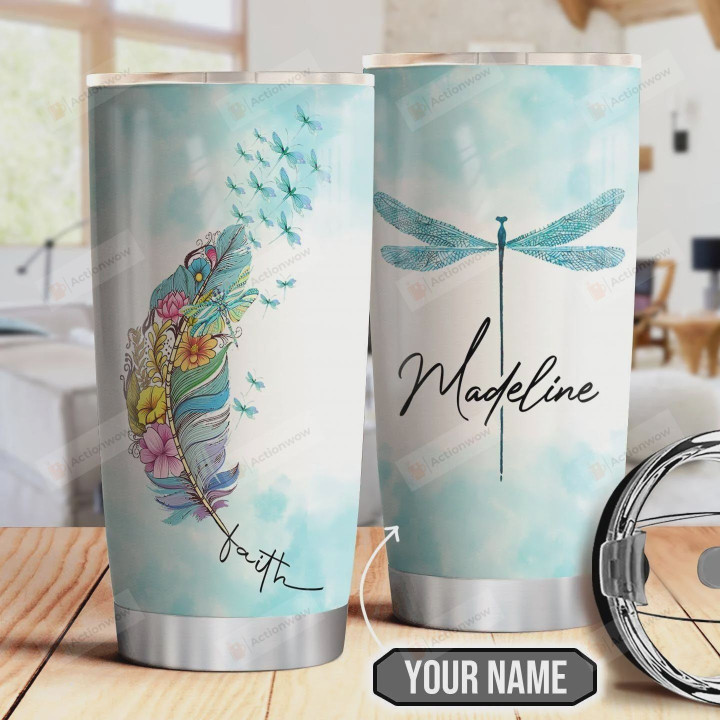 Flower Dragonfly Faith Personalized Tumbler Cup Light Blue Stainless Steel Vacuum Insulated Tumbler 20 Oz Great Gifts For Birthday Christmas Thanksgiving Travel Tumbler With Lid
