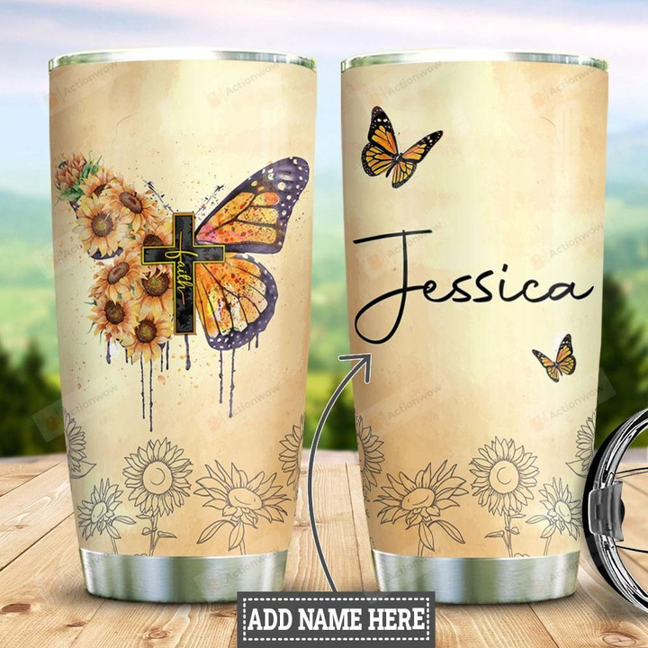 Personalized Sunflowers And Butterflies Cross Faith Tumbler Gifts For Butterfly Lovers On Birthday Christmas Thanksgiving 20 Oz Sports Bottle Stainless Steel Vacuum Insulated Tumbler
