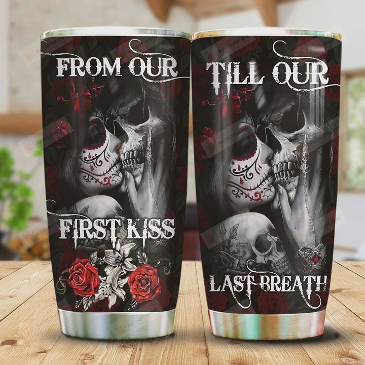 Skull Couple First Kiss Last Breath Stainless Steel Vacuum Insulated, 20 Oz Tumbler Cups For Coffee/Tea, Gifts For Birthday Christmas Thanksgiving, Perfect Gifts For Skull Lovers