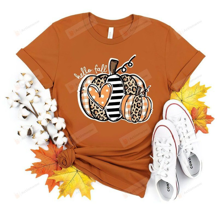 Hello Fall Pumpkin Shirt, Leopard Striped Plaid Pumpkin Shirt, Thanksgiving Shirt, Fall Vibes T-Shirt