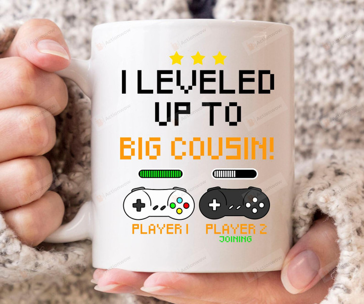 I Leveled Up To Big Cousin Mug, Baby Announcement Gaming Coffee Cup For Soon To Be Big Cousins, Video Game Gift For Boys Girls, Gamer Cousin Mug, Mothers Day Mug, Cute Gifts for Mothers Day