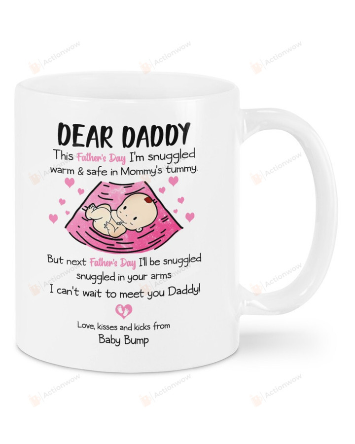 Personalized Dear Daddy Happy Father's Day, Baby's Sonogram Magenta Color Drawing Picture Mug - This Father's Day I'll Be Snuggled Up Mug - Gifts For Expecting First Dad To Be From Baby Bump Mug