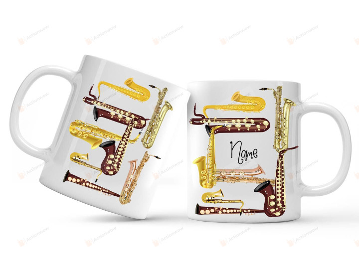 Personalized Saxophone Types Mug For Saxophone Lovers, Birthday, Custom Name Ceramic Coffee 11-15 Oz
