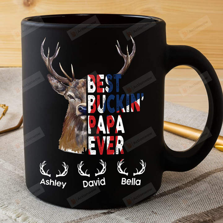 Best Buckin' Papa Ever Deer Hunting Personalized Mug, Funny Papa Father's Day Mug, Leopard Plaid Buffalo Gifts For New First Dad To Be Ceramic Coffee 11 15 Oz Mug