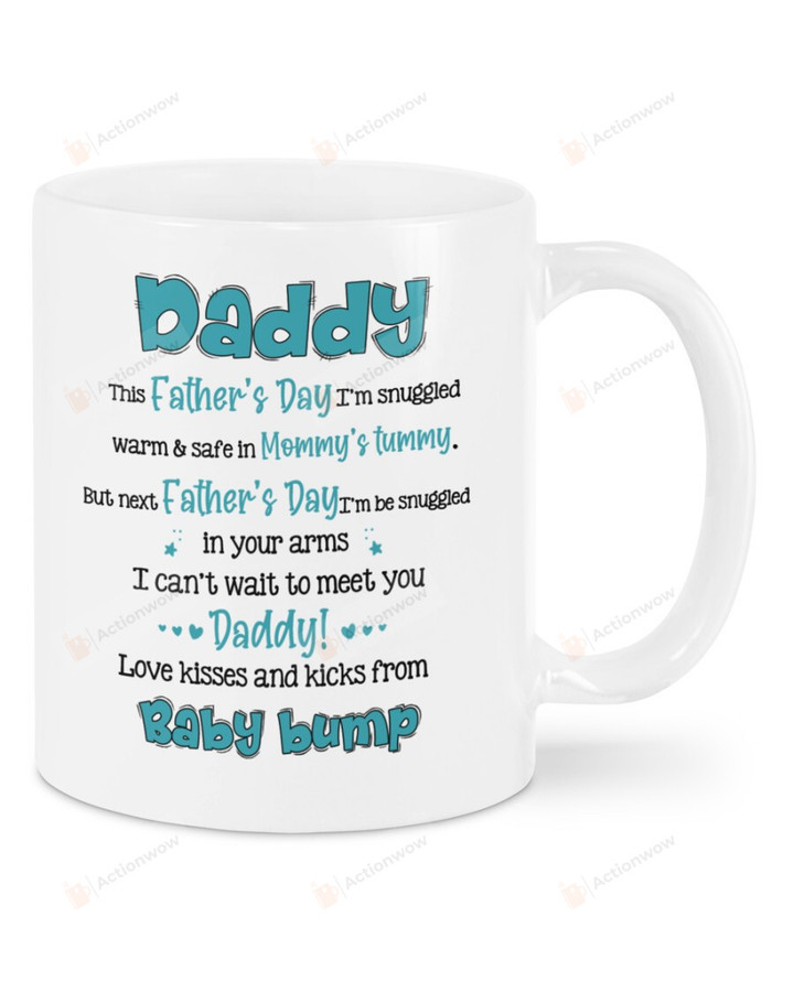 Personalized Daddy Happy Father's Day, Blue Letters Mug - This Father's Day I'll Be Snuggled Up In Mommy's Tummy Mug - Gifts For Expecting First Dad To Be From Baby Bump Mug