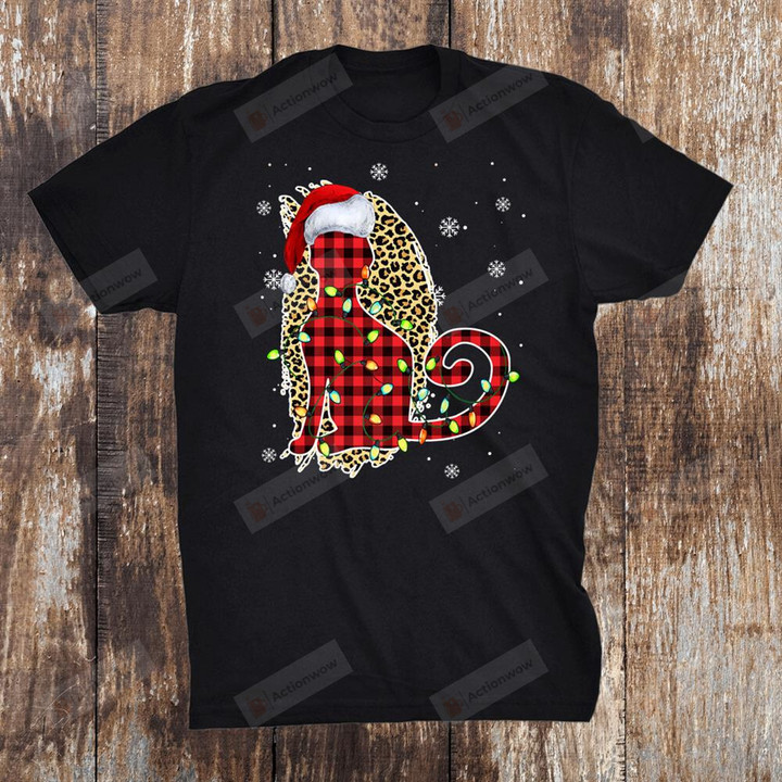 Cat Christmas Leopard Buffalo Plaid Red Santa Hat Cat Xmas T-Shirt